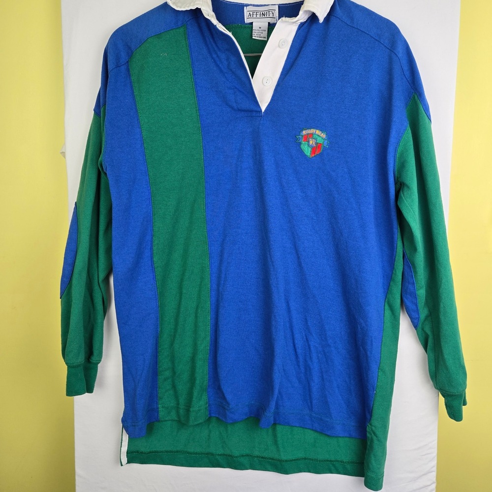 Vintage Affinity Rugby Shirt Mens Medium Blue Green Colorblock Elbow Patch Crest
